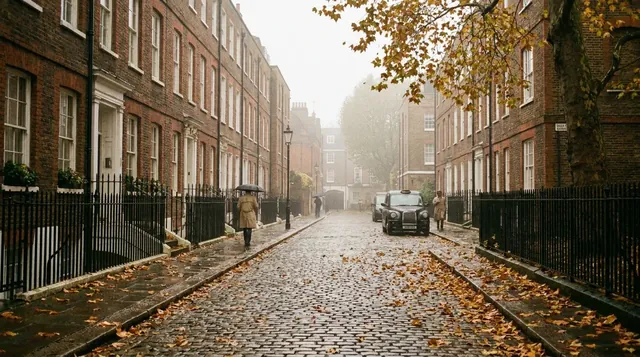 A London street of brick houses in autumn.